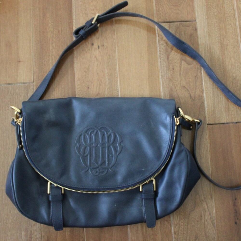 Bean Pole Black Leather Fold Over Shoulder Purse‎ Bag Monogram Branding